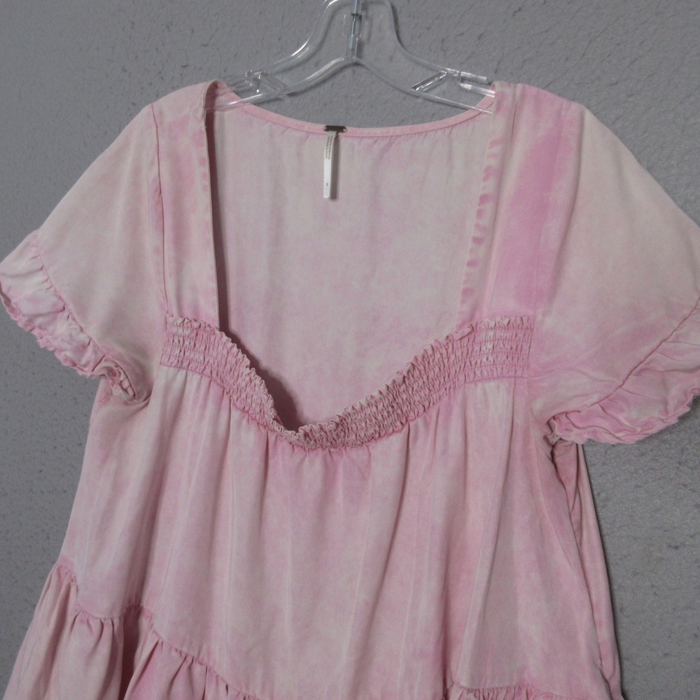Free People Sadie Tunic Dress Pink Babydoll Tiered Ruffle Smocked Boho Mini - Picture 3 of 9